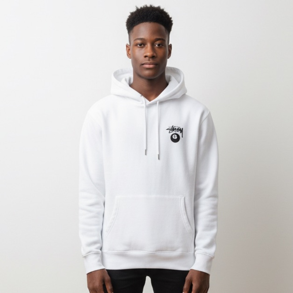 Stussy White Hoodie with Logo 8 ball
